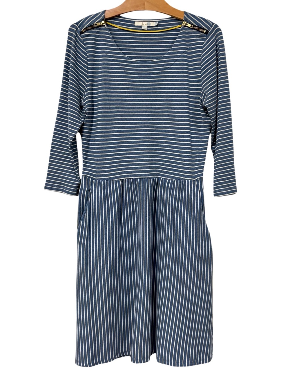 Boden Janie Day Dress Pockets 3/4 Sleeves Blue Stripe 10R